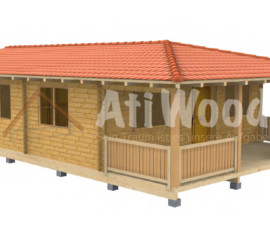 Casa de madera modelo Teror fachada exterior con tejado rojo y porche