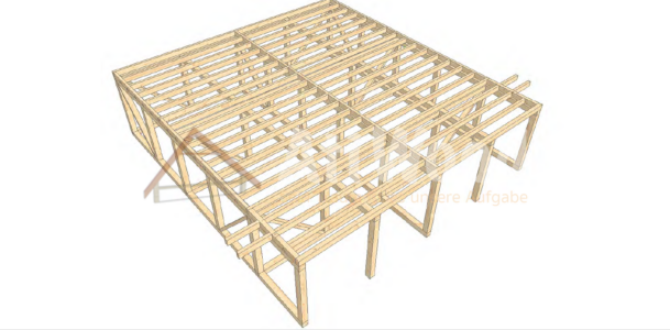 Estructura de madera de casa modelo Breña Alta con cubierta inclinada