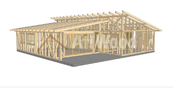 Vista exterior de estructura de casa de madera modelo Braga