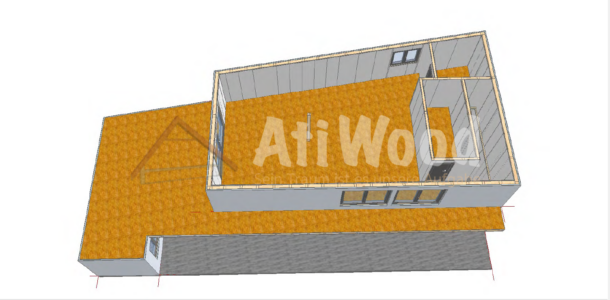 Vista superior de casa de madera modelo Tenerife con cubierta y distribución del proyecto