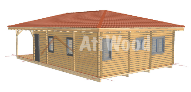 Casa de madera modelo Telde vista exterior con porche y cubierta inclinada