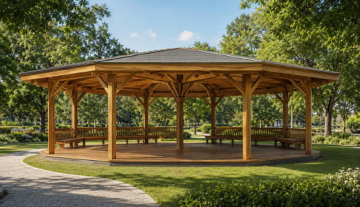 Pérgola de madera cubierta en parque con zona de sombra y descanso